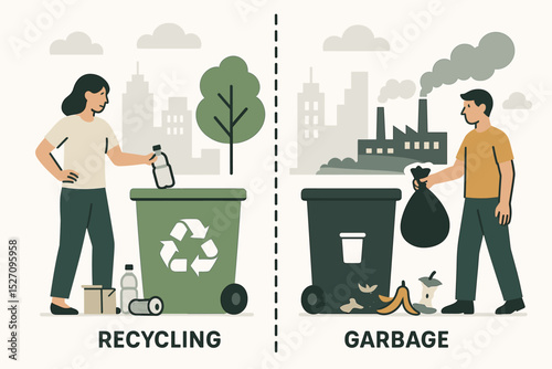 Recycling vs Garbage comparison vector. Woman sorts plastic for recycling in a clean city. Man throws trash causing factory pollution. Waste management and eco-friendly concept.