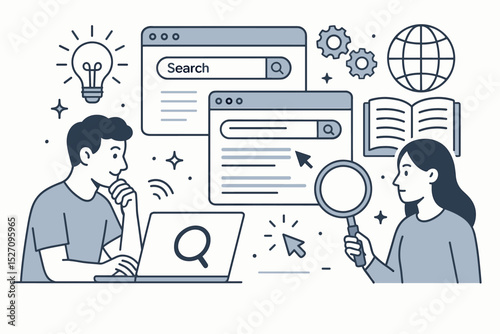 Efficient search and research concept. People collaborating on finding information online using a laptop and magnifying glass. Teamwork, SEO, data analysis, knowledge discovery.