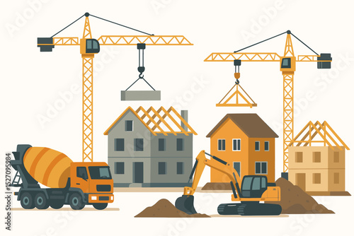Construction site scene with houses under construction. Building process with tower crane, excavator, and concrete mixer truck. Real estate development and housing industry vector.