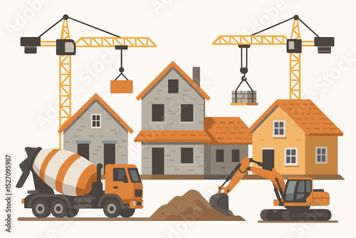 Construction site vector illustration with houses under construction. Building process concept with heavy machinery like crane, excavator, and cement mixer. Real estate development.