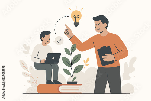 Mentorship and growth concept. Teacher guiding student with new idea. Business coach helping employee develop. Career development, learning, education and knowledge vector illustration.