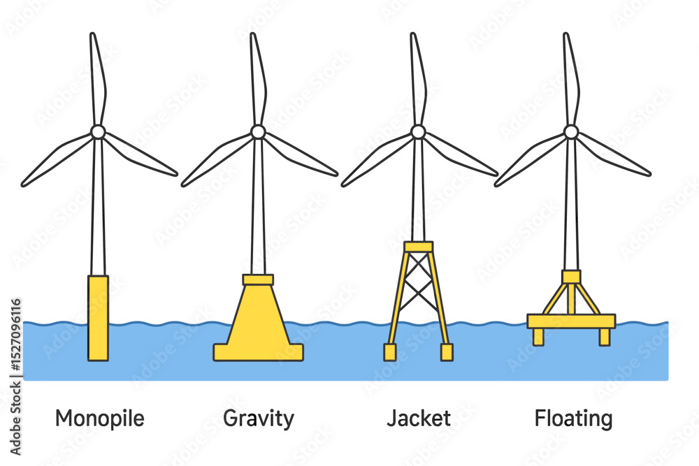 Offshore wind turbine foundation types diagram. Vector infographic showing monopile, gravity, jacket, and floating structures for renewable green energy and electricity generation.