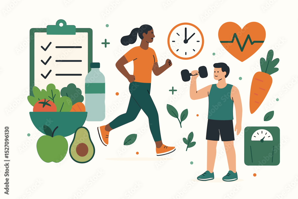 Healthy lifestyle vector concept. Diverse people exercising, woman running, man lifting dumbbell. Healthy food, diet plan, weight scale, and heart health icon for fitness and wellness. Healthy lifestyle vector concept. Diverse people exercising, woman running, man lifting dumbbell. Healthy food, diet plan, weight scale, and heart health icon for fitness and wellness.