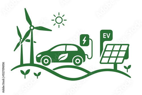 Eco friendly transportation concept with electric car charging. EV at recharge station powered by renewable energy, solar panel, and wind turbines. Sustainable green mobility vector.