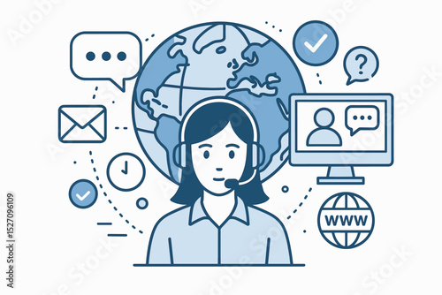 Global customer support service concept. Call center operator woman with headset providing online technical assistance. Worldwide helpdesk, hotline, communication, and consultation.