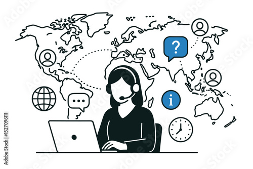 Global customer support concept. Female call center agent with headset at laptop. Operator providing international helpdesk assistance. World map background. Line art vector.
