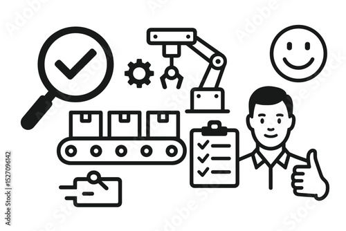 Production process icon set. Quality control inspection in manufacturing. Factory automation with robotic arm, conveyor belt. Manager approval, checklist for quality assurance.