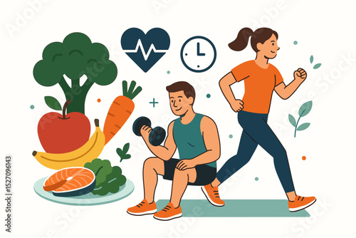 Healthy lifestyle and wellness concept. Diet and exercise vector illustration. Man lifting weights, woman jogging. Healthy food, nutrition, fitness, cardio and heart health icons.