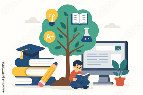 Education concept with student reading under tree of knowledge. E-learning, online study, and academic success illustration. Graduation, books, computer, and science icons.