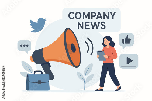 Public relations concept with PR manager announcing company news with a megaphone. Social media marketing, press release, and corporate communication vector illustration.