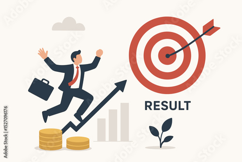 Business success concept with a happy businessman running on a growth arrow to hit the target. Achieving goals, career progress, financial results, and investment strategy metaphor.