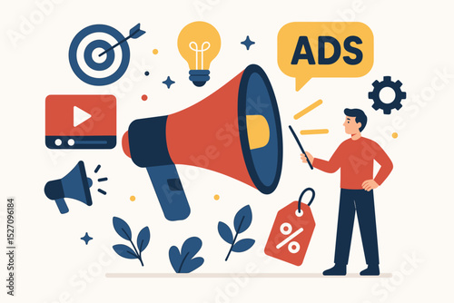 Digital marketing concept with man and megaphone. Advertising campaign, business promotion strategy. Social media content, video ads, sales and discount targeting vector illustration.