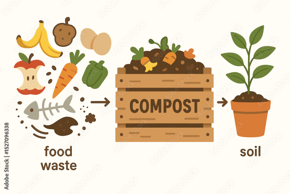 Composting process infographic showing food waste turning into fertile soil for gardening. Vector illustration of organic recycling, sustainability, and eco-friendly living.