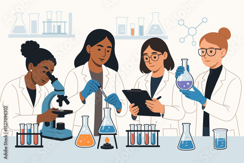 Diverse group of female scientists working in a laboratory. Women in STEM concept with researchers conducting experiments. Chemistry and biology research team vector illustration.