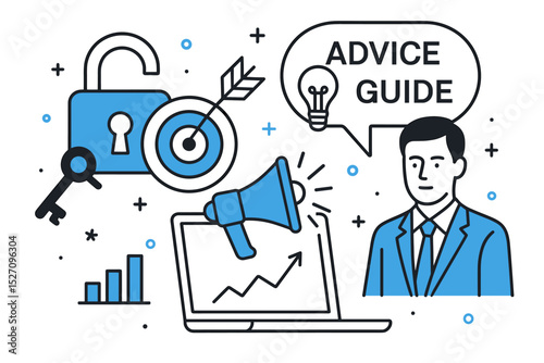 Effective marketing strategy concept with business advice and guide. Digital promotion with megaphone on laptop for growth. Unlocking potential with key, target, and data analysis.