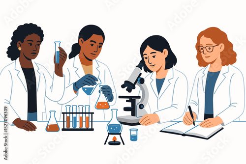Diverse group of female scientists working together in a laboratory. Women in STEM. Team of multiethnic researchers conducting experiment with microscope and flasks. Science concept.