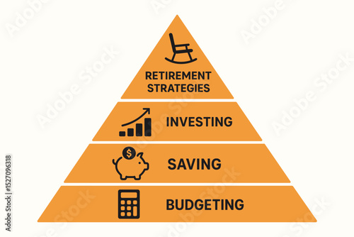 Retirement planning strategy pyramid infographic. Vector concept of personal finance hierarchy: budgeting, saving, investing. Wealth building steps for financial security and freedom.