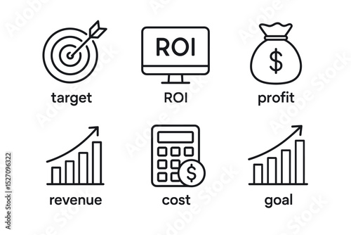 Business success metrics icon set. Vector line icons for key performance indicators like ROI, profit, revenue, cost, target, and goal. Financial analysis and growth concept.