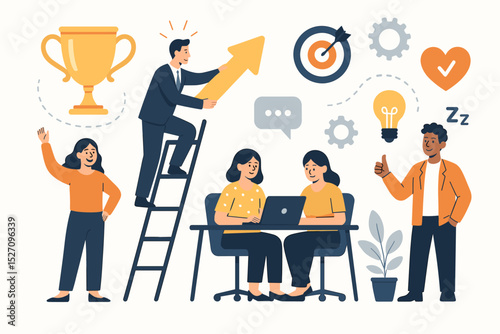 Employee engagement concept for business success. Teamwork, collaboration, and motivation for corporate growth. People working on goals, career development, and company achievement.