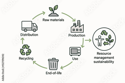 Circular economy concept showing sustainable product life cycle. Infographic diagram with icons for raw materials, production, distribution, use, end-of-life, and recycling.