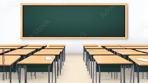 Empty classroom with desks and chalkboard. photo