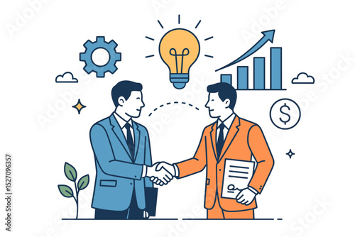 Businessmen handshake for a successful partnership agreement. Collaboration and teamwork concept. Vector illustration with innovation idea lightbulb, financial profit, and growth chart.