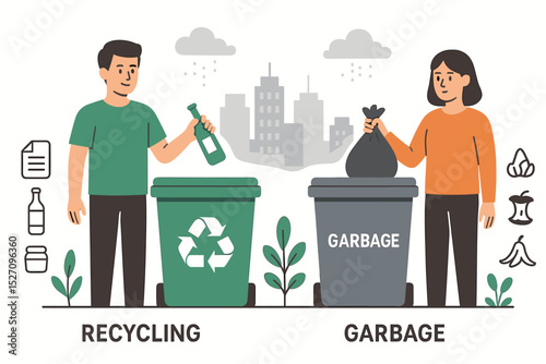 Man and woman sorting waste for recycling and garbage disposal. People putting trash into separate containers. Eco friendly waste management and environmental protection concept. Vector.