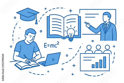 Education and learning concept. Educational growth infographic. Student study. Teacher lecture. Online course. University webinar. Knowledge. Graduation. Line art vector icons.