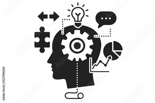 Creative thinking process vector concept. Human head with gear, lightbulb, puzzle, and charts. Icon for problem-solving, strategy, innovation, analysis, and mental development.