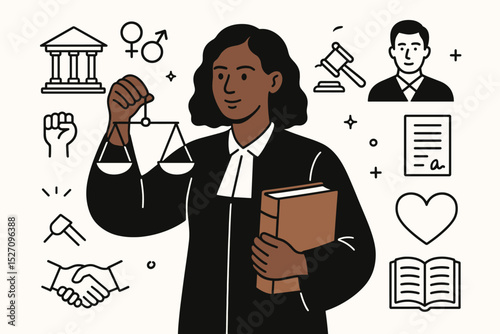 Black female judge holding scales of justice. Concept for law, ethics, and equality. Vector illustration of legal system with icons. Human rights, diversity, and inclusion theme.