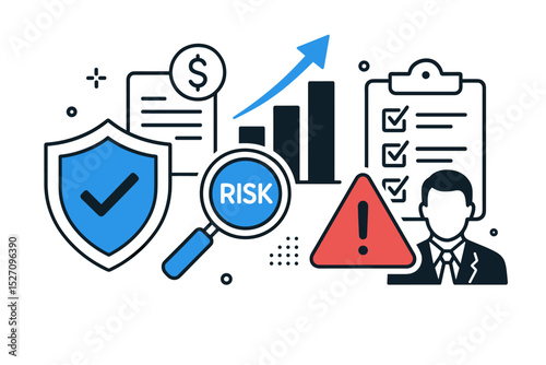 Risk management concept for business. Financial protection, security, and investment analysis. Corporate compliance, audit checklist, and threat assessment vector icon illustration.