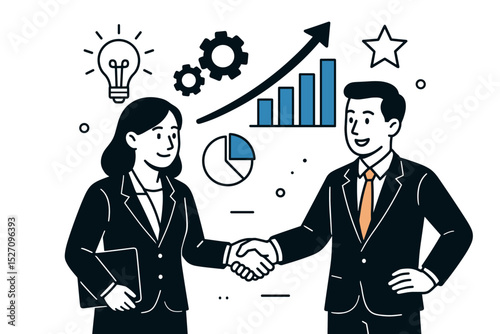 Business partnership and collaboration concept. Professionals shaking hands. Successful deal agreement with growth chart, innovation lightbulb, data analysis and teamwork gears.