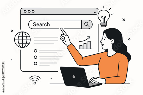 Woman at laptop searching web for business strategy and data analysis. SEO marketing concept with search bar, growth chart, and idea lightbulb. Internet research vector illustration.