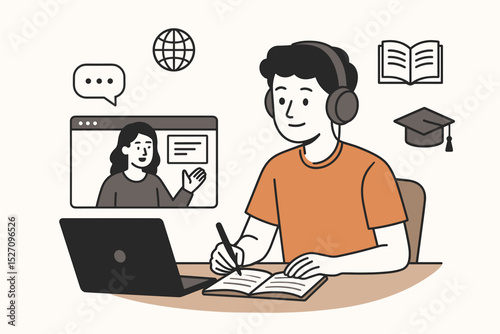 Online education and e-learning concept. Male student with headphones studying using laptop. Video lesson with a teacher. Webinar, distance learning, remote study, virtual classroom.