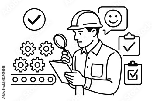 Quality control and assurance concept. Engineer inspecting factory production line with magnifying glass. Manufacturing process, audit, checklist, approval and satisfaction icons.
