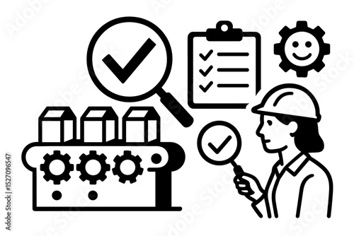 Quality control inspection vector illustration. Female inspector with hard hat and checklist checking factory production line. Manufacturing process and quality assurance concept.