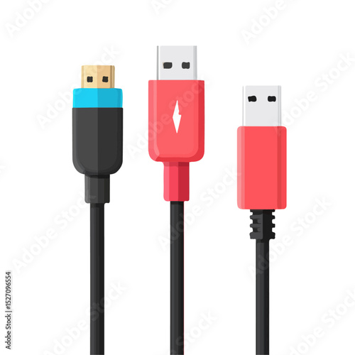 Charging Cables Type-C Lightning Micro USB 2D flat vector illustration, isolated on a white background.