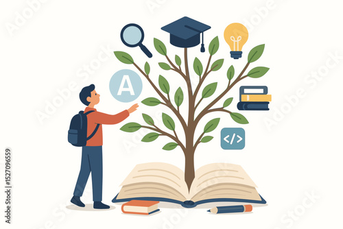 Education concept with knowledge tree growing from a book. Student learning for graduation. Metaphor for personal growth, wisdom, and skill development. Study and research for success.