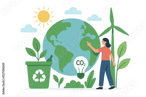 Save the planet concept with woman caring for Earth. Sustainable living illustration with recycling, wind turbine for green energy, CO2 reduction. Environmental protection, ecology.