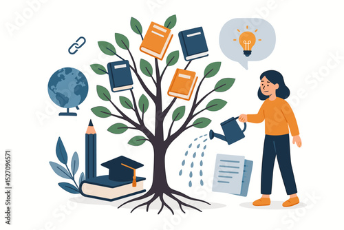 Learning and education metaphor with a woman watering a tree of knowledge. Concept of personal growth, self-improvement, study, and wisdom. Vector with graduation and school icons.