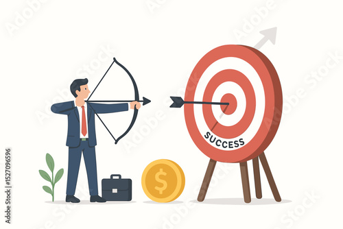 Businessman aiming bow and arrow at a target. Business goal achievement, financial success concept. Metaphor for career growth, investment, focus, and marketing strategy. Vector.