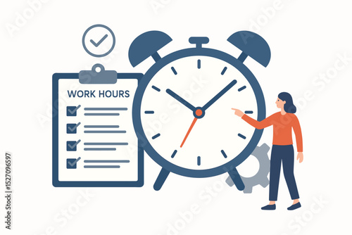 Businesswoman managing work hours and productivity. Time management concept with alarm clock and checklist. Efficient planning, schedule organization, and deadline control vector.