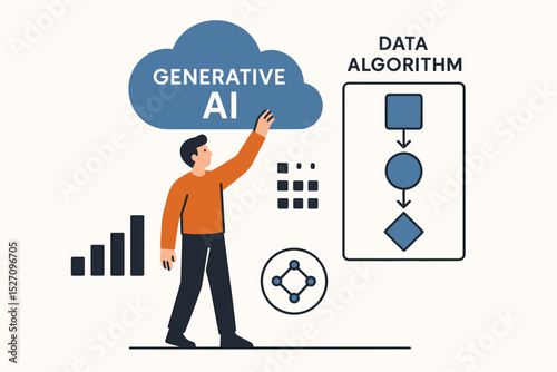 Generative AI concept. Artificial intelligence and machine learning. Person working with data algorithm flowchart. Cloud computing, data science, tech innovation vector illustration.