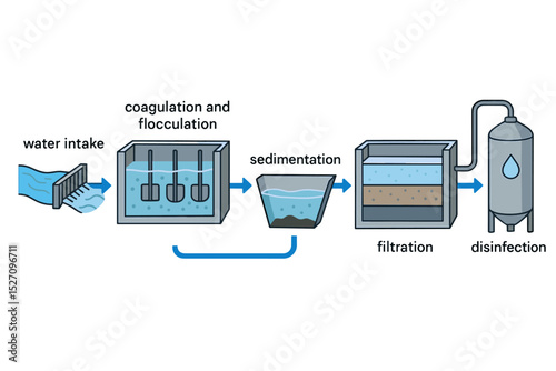 Water treatment plant process vector diagram. Educational infographic of clean water purification steps. Coagulation, flocculation, sedimentation, filtration, and disinfection.
