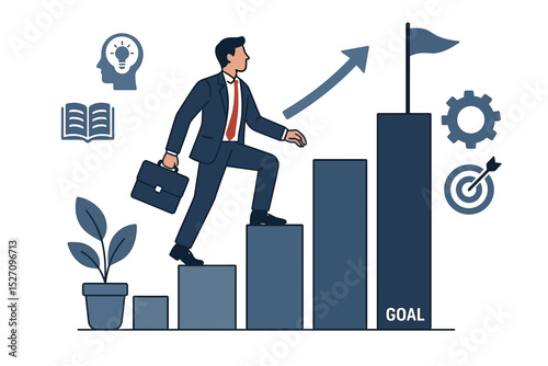 Businessman climbing career ladder stairs towards success and a goal. Business concept for motivation, professional growth, ambition, and corporate development. Vector illustration.