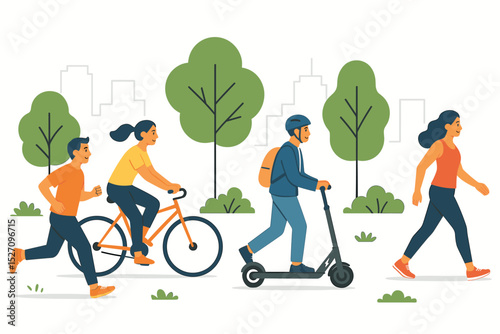 Healthy mobility concept with diverse people in a city park. Man running, woman cycling, man on electric scooter, and woman walking. Active lifestyle and eco friendly transport.