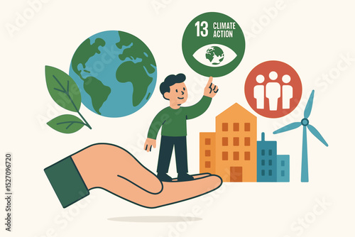 Climate Action illustration for Sustainable Development Goals, SDG 13. Hand holding person with green city, wind turbine, and planet Earth. Concept of ecology, sustainability, and CSR.