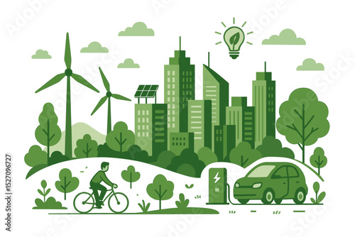 Eco friendly city and sustainable lifestyle vector concept. Green urban landscape with renewable energy. Wind turbines, solar panels, electric car at charging station. Ecology.