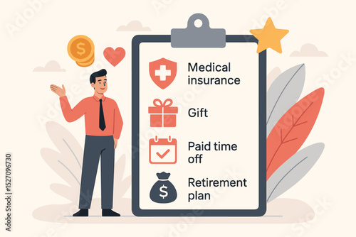 Employee benefits package concept. Man presenting work perks checklist with icons. Medical insurance, paid time off, gift bonus, retirement plan. Human resources and job offer vector.