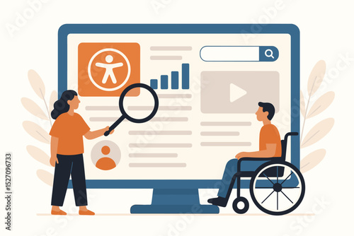 Web accessibility concept. Woman with magnifier points to accessibility icon on website for man in wheelchair. Inclusive design, digital inclusion, UI UX for disabled people.